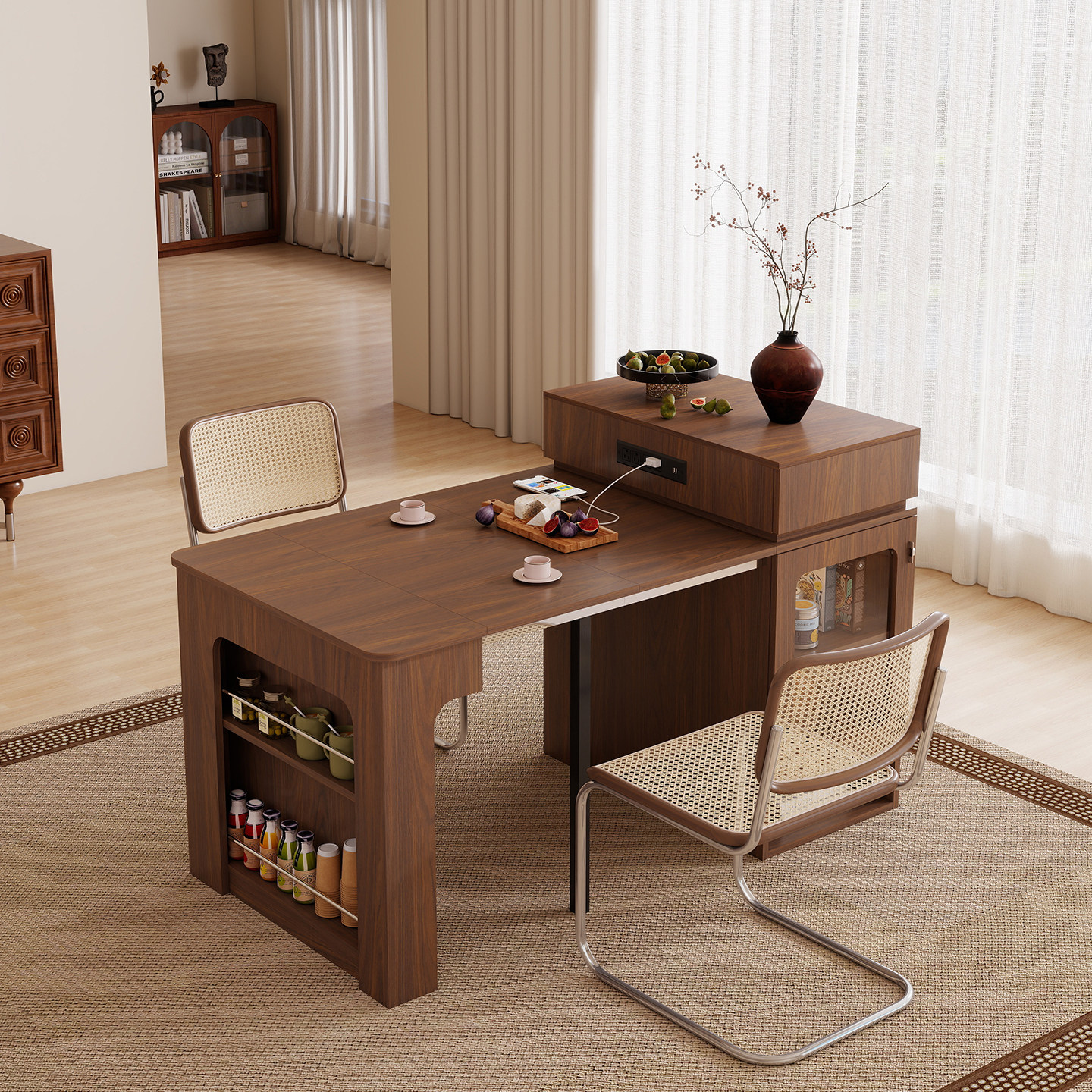 实木复古风岛台餐桌一体家用伸缩