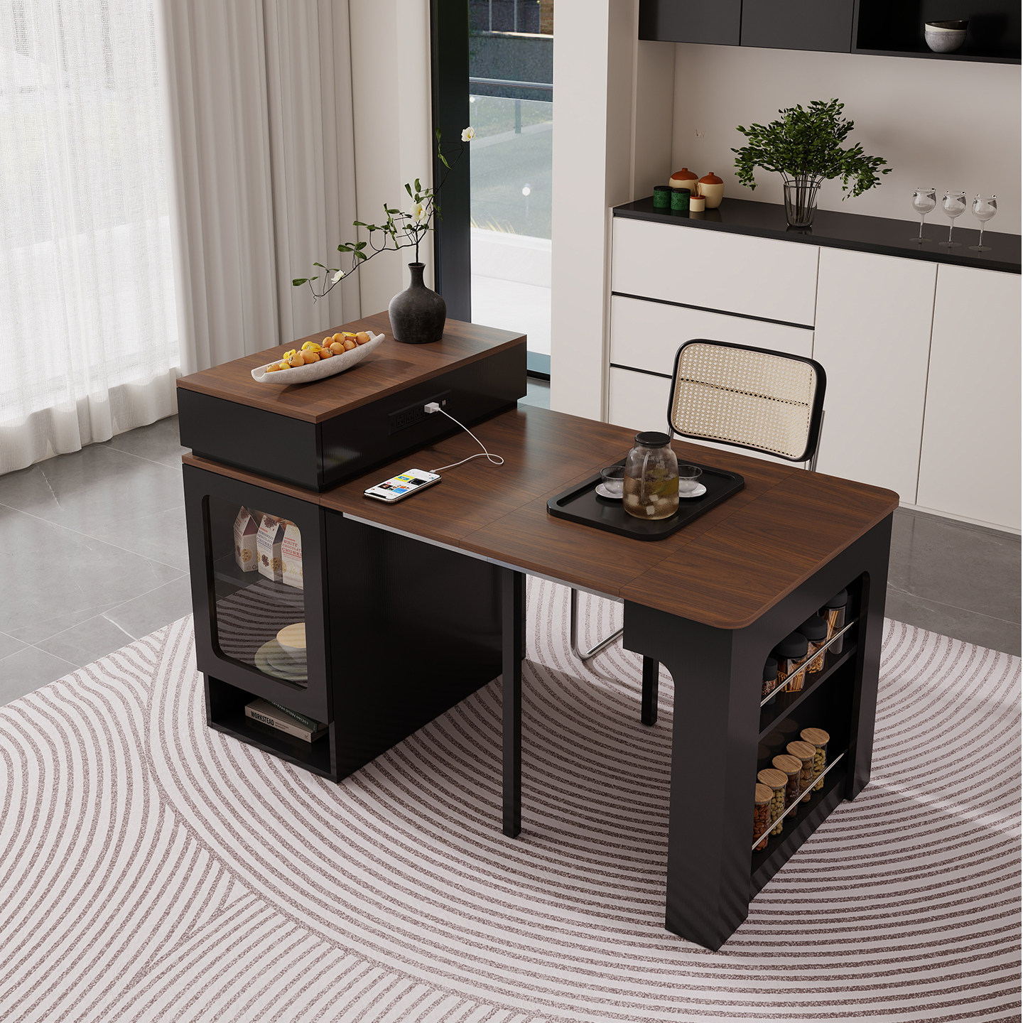 实木意式风岛台餐桌一体家用伸缩