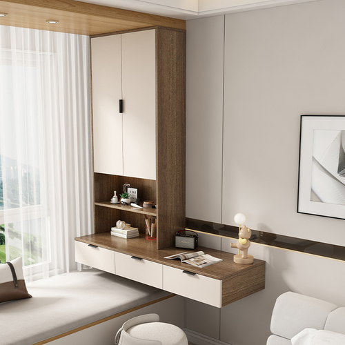 实木多层板书桌书柜悬浮桌飘窗柜