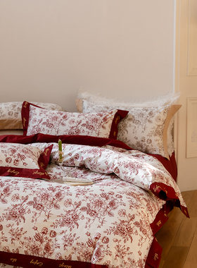 高档简约结婚四件套红色床单被套纯棉新婚庆床上用品婚房陪嫁喜被