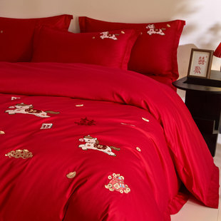 高级感轻奢结婚四件套红色婚房喜被纯棉床单被套婚庆床上用品陪嫁