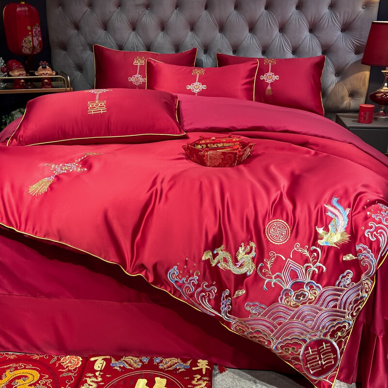 HIGH-END LUXURY EUROPEAN EMBROIDERY WEDDING FOUR-PIECE SET COTTON BIG RED BED SHEET DUVET COVER COTTON WEDDING BEDDING