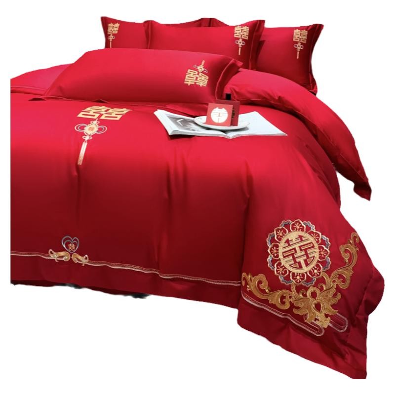 HIGH-END CHINESE EMBROIDERY WEDDING FOUR-PIECE SET OF BIG RED BED SHEETS QUILT COVER COTTON COTTON WEDDING BEDDING WEDDING QUILT