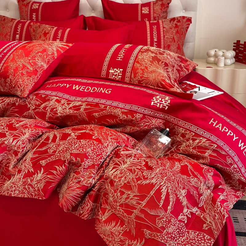 高档中式喜字结婚四件套大红色床单被套纯棉婚庆床上用品婚房喜被