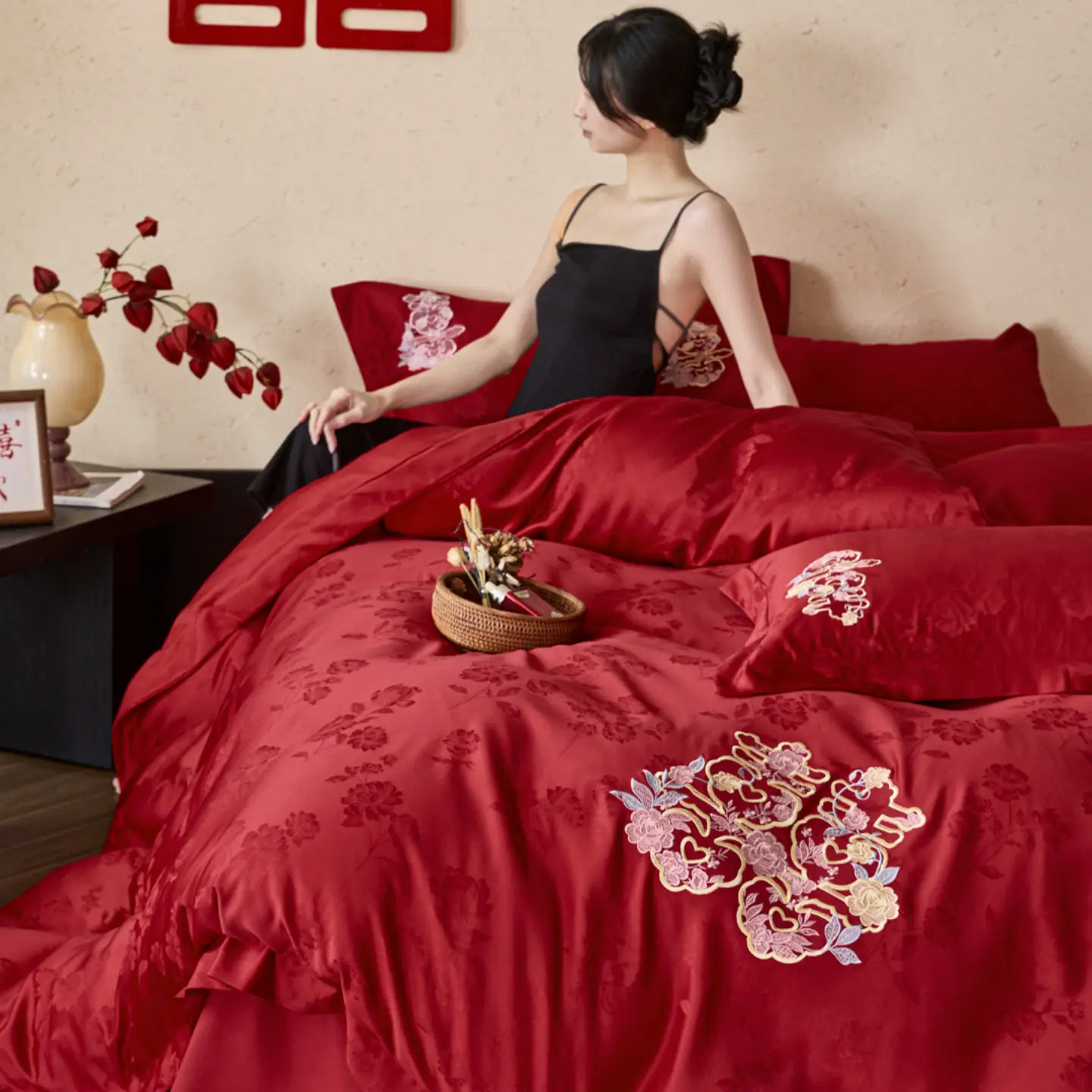 新中式婚庆四件套红色结婚被套陪嫁床单高档喜被婚房喜庆床上用品