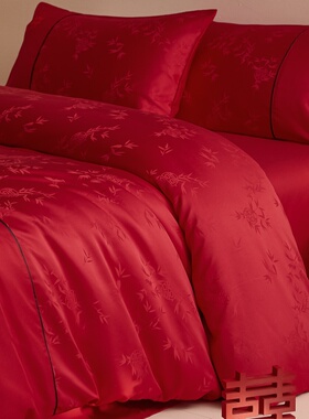 高档中式婚庆四件套大红色喜字床单被套纯棉结婚床上用品婚房陪嫁