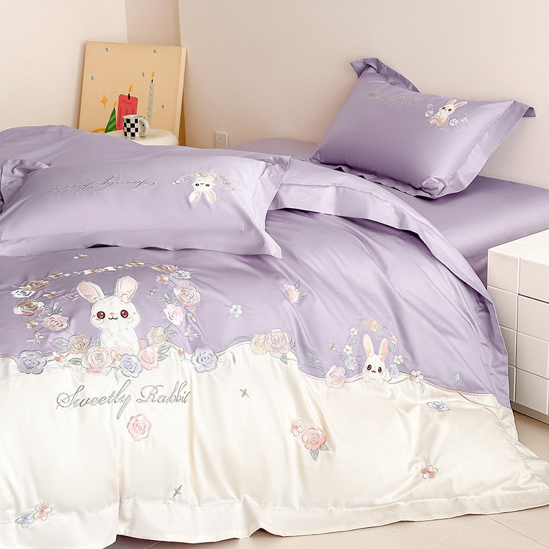 卡通A类长绒棉四件套超柔裸睡全棉刺绣被套纯棉儿童床单床上用品4