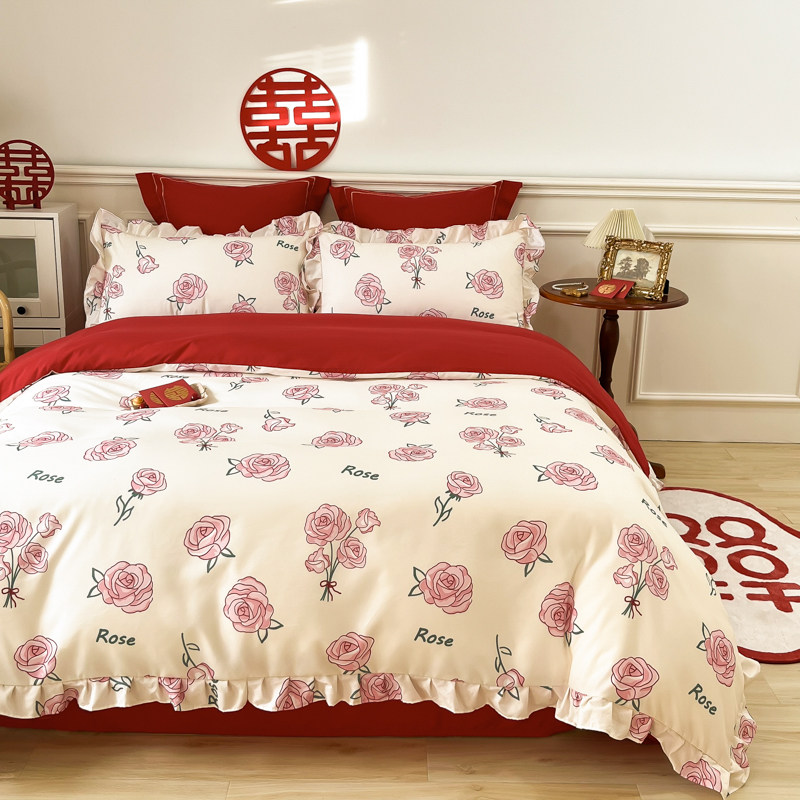 PRINCESS-STYLE WEDDING FOUR-PIECE SET OF BIG RED COTTON BED SHEETS AND QUILT COVERS NEWLYWED ROOM HAPPY QUILT COTTON WEDDING BEDDING