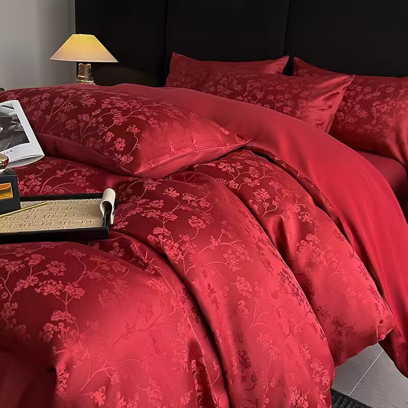 高档中式提花结婚四件套红色纯棉婚庆喜被套新婚陪嫁床上用品婚房