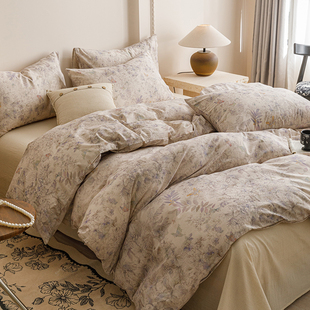 轻奢高级感A类长绒棉麻四件套全棉裸睡床单被套四季纯棉床上用品4