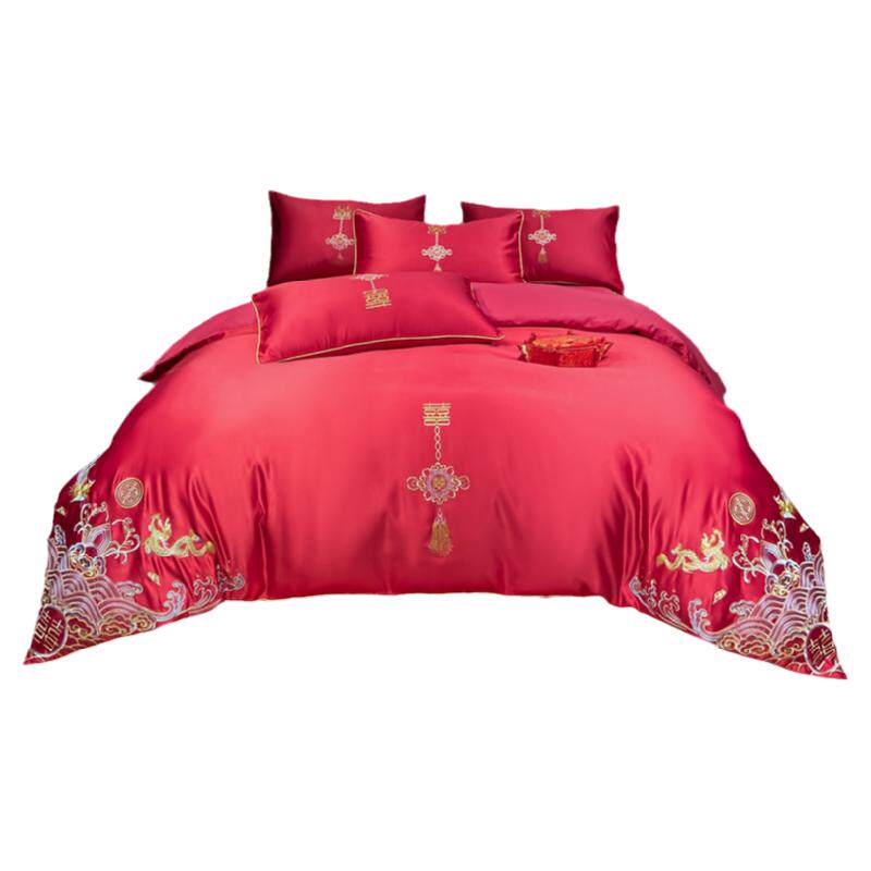 HIGH-END LUXURY EUROPEAN EMBROIDERY WEDDING FOUR-PIECE SET COTTON BIG RED BED SHEET DUVET COVER COTTON WEDDING BEDDING