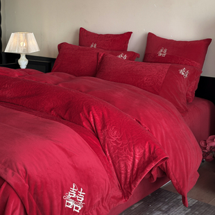 高档A类牛奶绒结婚四件套红色新婚床单被套婚庆床上用品婚房喜被4