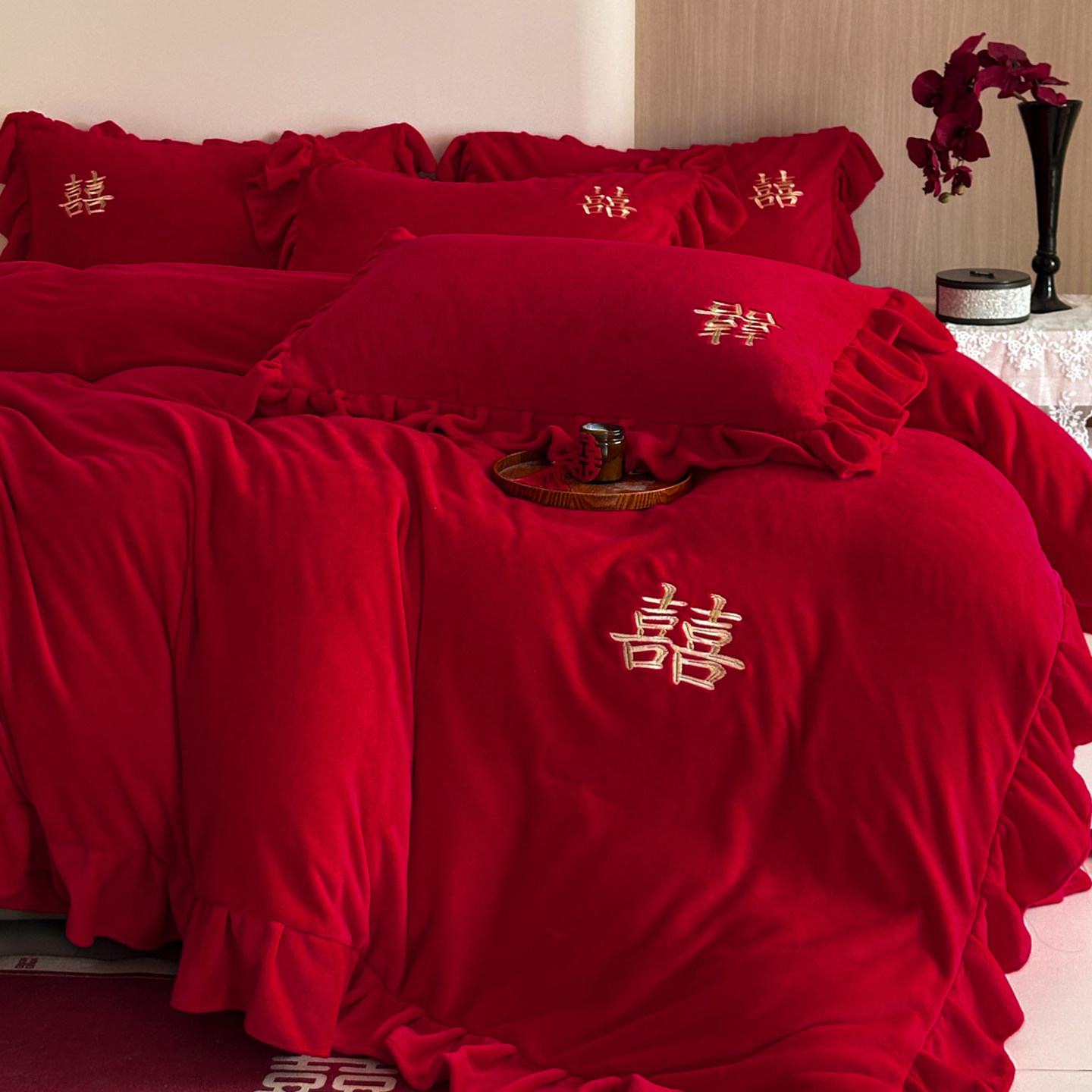 新中式结婚牛奶绒四件套珊瑚绒婚庆被套新婚陪嫁床上用品婚房床单
