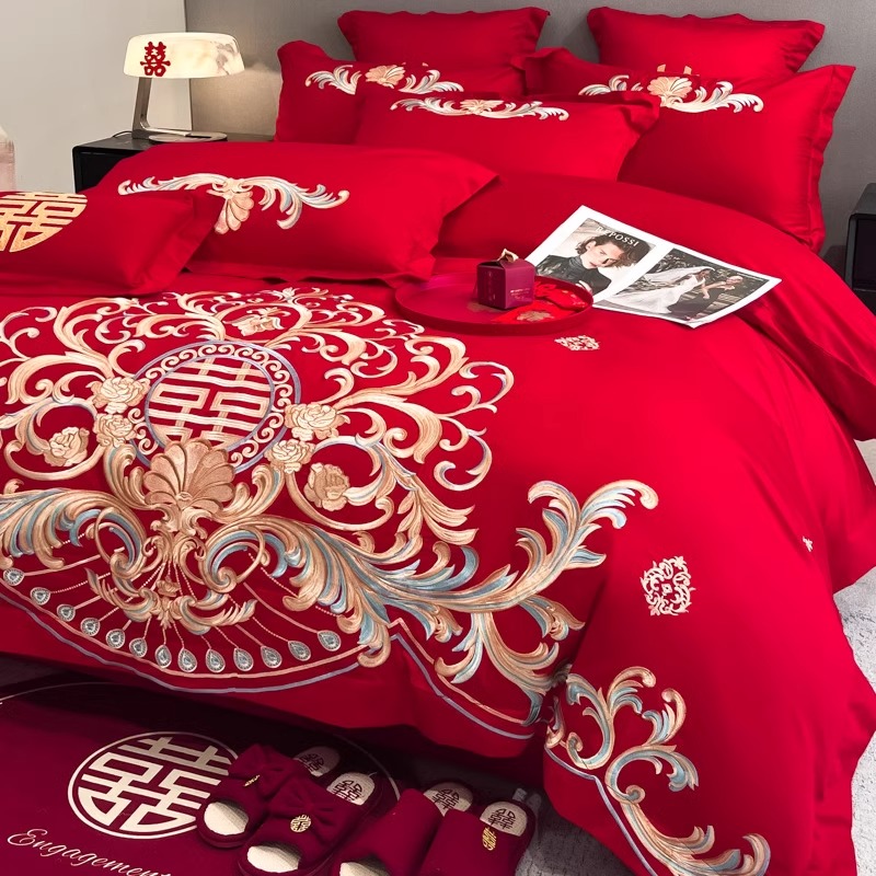 高档欧式刺绣结婚四件套大红色新婚被套纯棉婚庆床上用品婚房陪嫁