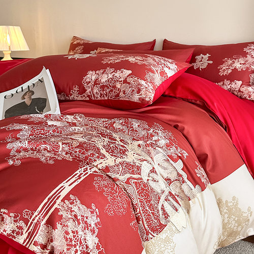 不掉色不起球中式红色婚庆四件套