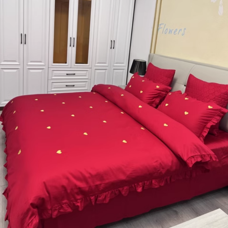 全棉简约刺绣结婚四件套大红色新婚被套纯棉婚庆床上用品婚房陪嫁,床上用品,婚庆床品套件,淘宝优惠券,粉丝福利购,淘宝优惠卷