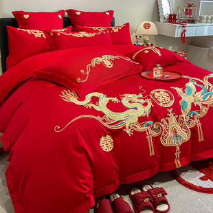 高档中式 龙凤刺绣婚庆四件套大红色床单被套纯棉结婚床上用品婚房