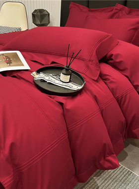 高档简约新婚婚庆四件套大红色被套床单纯棉结婚床上用品婚房喜被