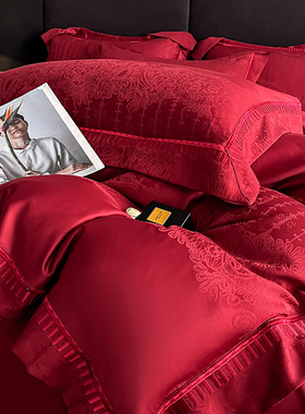高档提花结婚四件套红色纯棉婚庆喜被套新婚陪嫁床上用品婚房床单