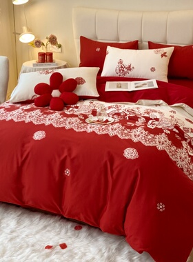 中式简约结婚四件套大红色新婚床单被套纯棉婚庆床上用品婚房陪嫁