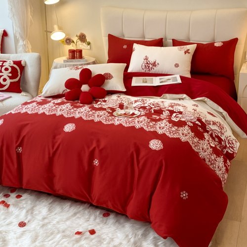 简约红色结婚四件套不掉色不起球