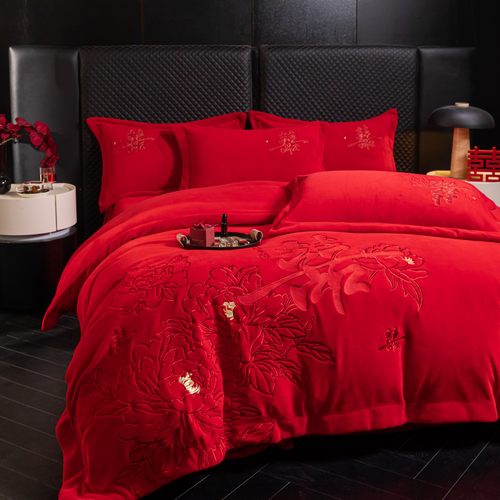 防静电不掉毛牛奶绒婚庆四件套