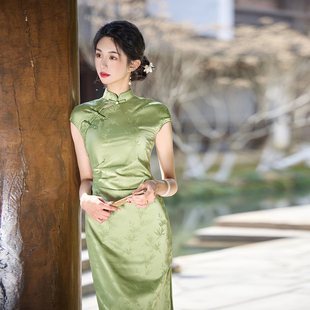 古着 新款绿色旗袍中式国风连衣裙夏季薄款文艺复古显白竹叶7071