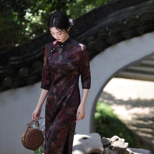 春秋新款黑红旗袍中式风日常连衣裙复古端庄成熟稳重气质优雅8021