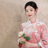 长款 丝绒旗袍裙粉色新中式 蕾丝烧花贵气优雅立领秋1652 新款 古着