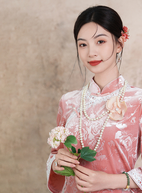 古着 新款丝绒旗袍裙粉色新中式长款蕾丝烧花贵气优雅立领秋1652