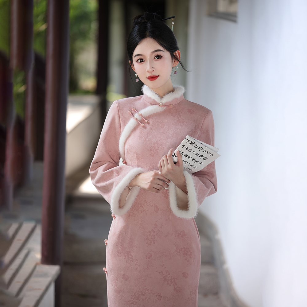 秋冬新款旗袍加绒粉色温柔小姐姐连衣裙学生书香门第淑女显瘦7216