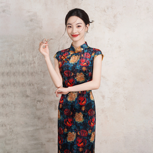春秋新款丝绒旗袍中式复古文艺花色日常连衣裙老上海优雅苏式1627