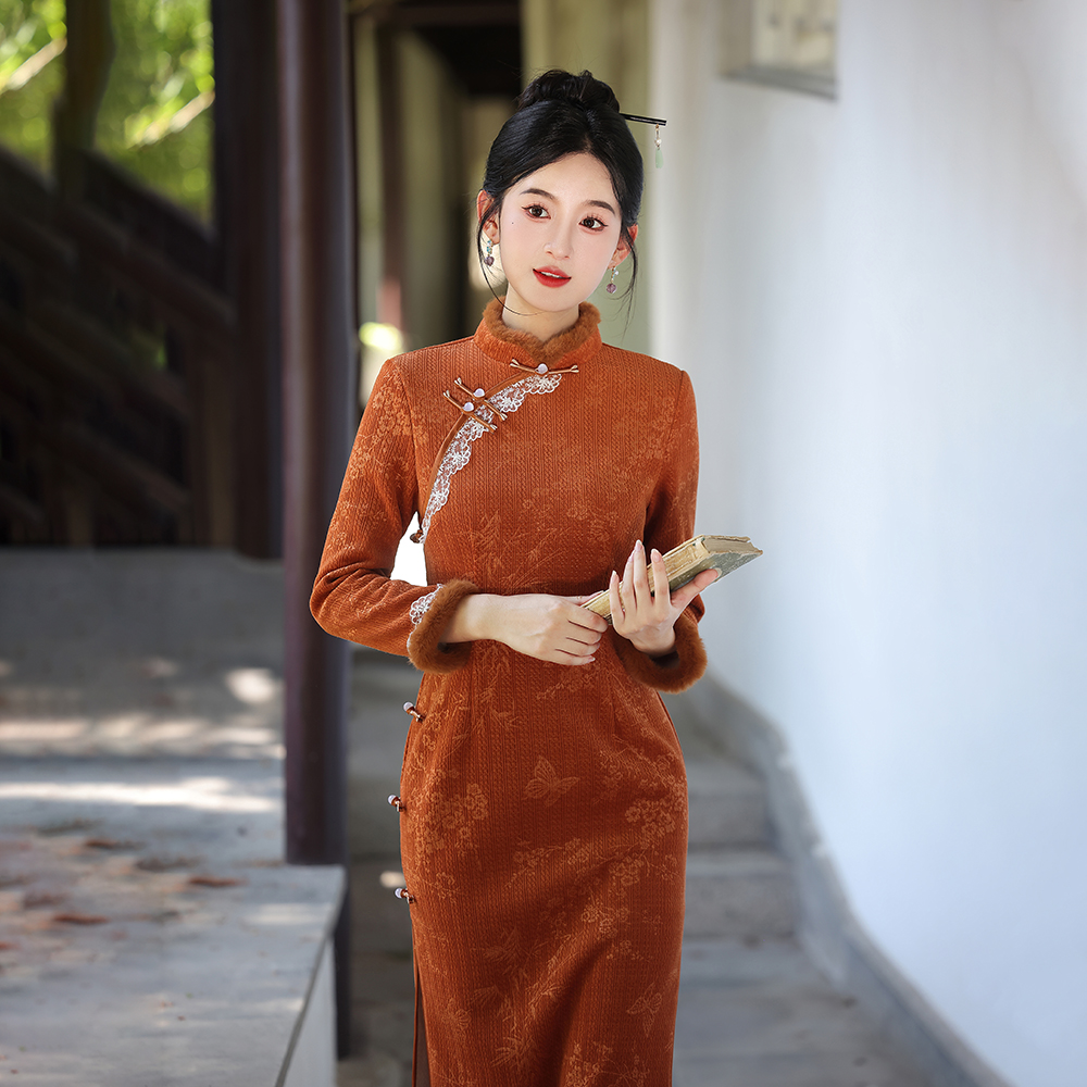 秋冬新款旗袍保暖加厚橘色中式复古文艺学生优雅显瘦连衣裙女7208