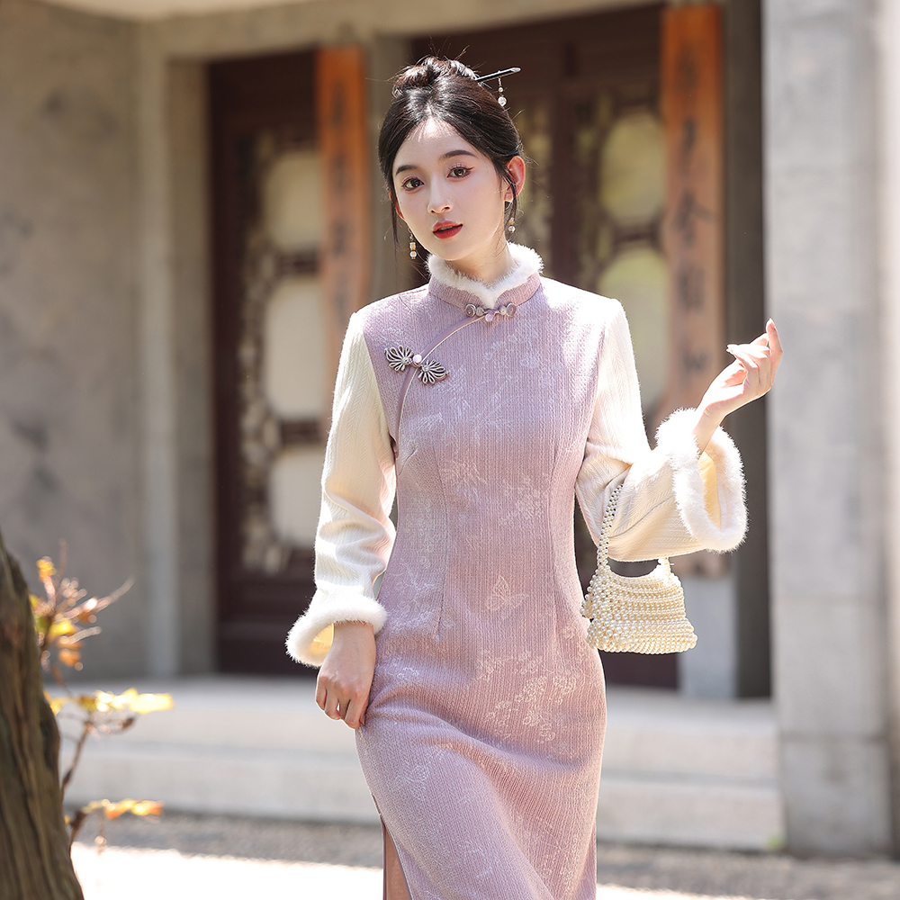 春秋新款旗袍紫色千金名媛风学生气质小姐姐连衣裙浪漫唯美女7210