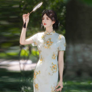 古着 新款黄色金桂旗袍新中式改良连衣裙送考短款长款修身夏3006