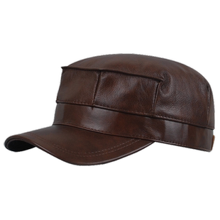 头层牛皮帽八角帽男真皮秋冬天平顶帽子男休闲保暖老人帽子男士