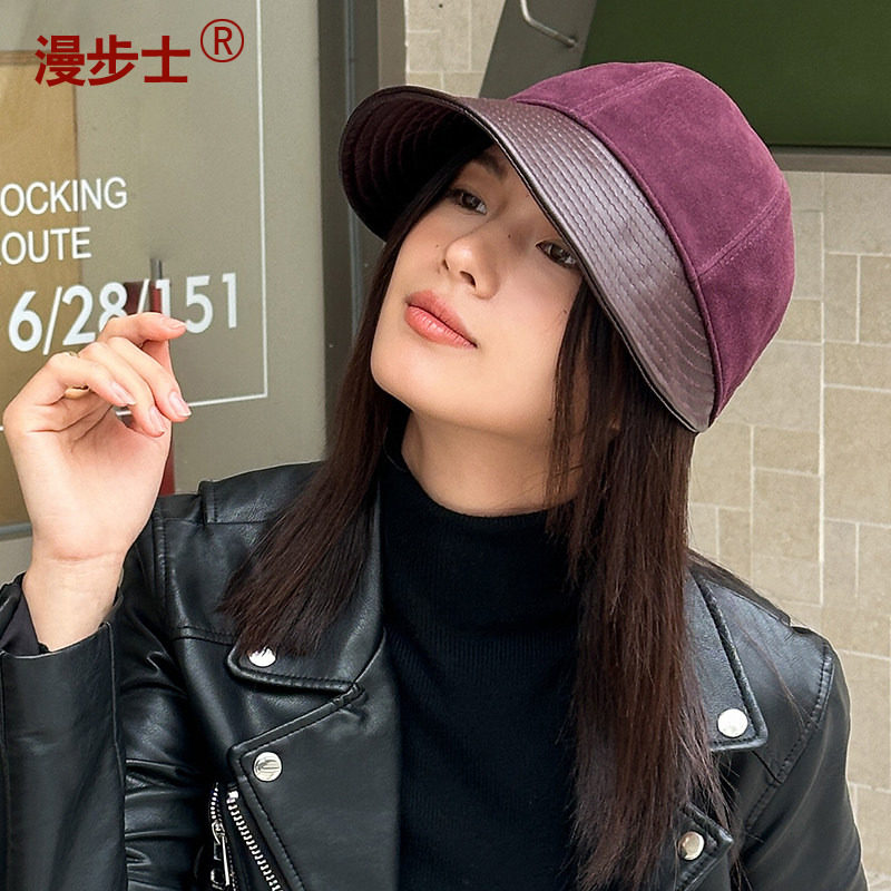 真皮帽子女潮款大檐鸭舌帽时尚羊皮反绒渔夫帽秋冬户外显脸小韩版