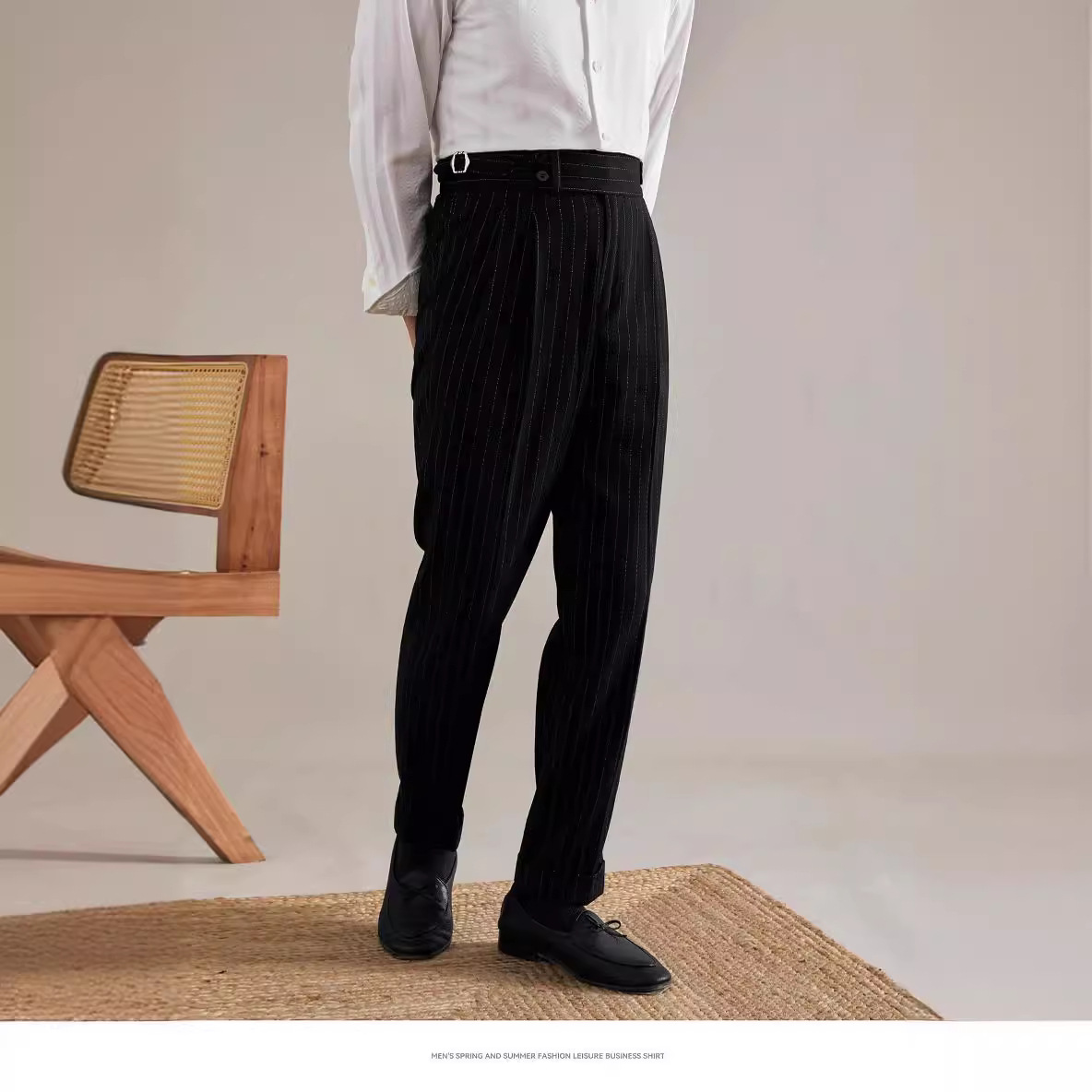 春秋季条纹中腰休闲裤免烫垂感商务正装长裤双褶直筒西裤巴黎扣潮