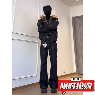 老钱风红边撞色牛仔裤男款秋冬季高街微喇叭裤子显腿长显瘦弯ER42