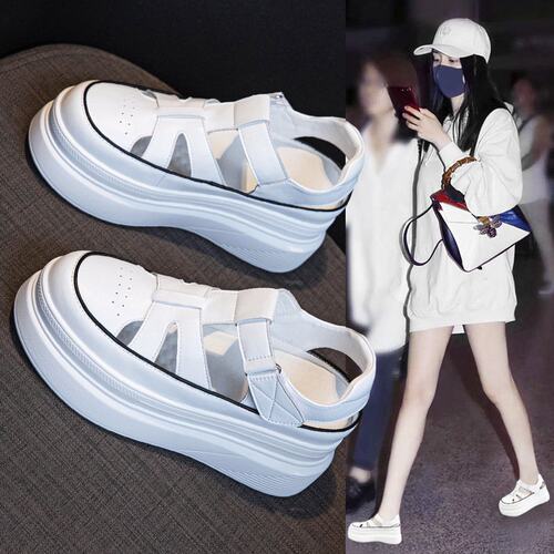 真皮罗马凉鞋女2026夏新款外穿厚底镂空猪笼鞋女内增高凉鞋小C-90