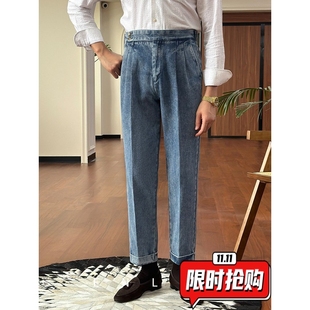 英伦高腰男士十分意式商务那不勒斯牛仔裤廓尔格垂感直筒卷边ER91