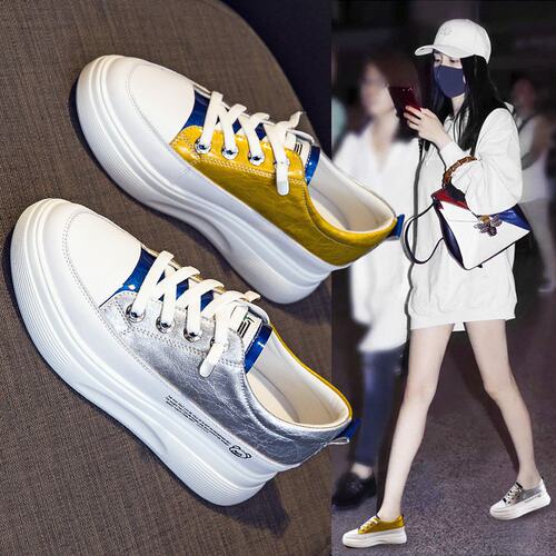 真皮小白鞋女2026春秋季新款厚底松糕女鞋内增高拼色小白鞋女C-75