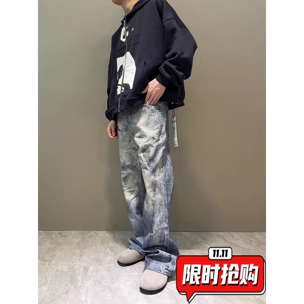 3D数码打印脏染蓝色微喇牛仔裤男款小众潮牌宽松直筒水洗休闲ER14