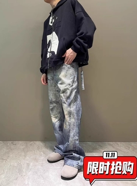 3D数码打印脏染蓝色微喇牛仔裤男款小众潮牌宽松直筒水洗休闲ER14