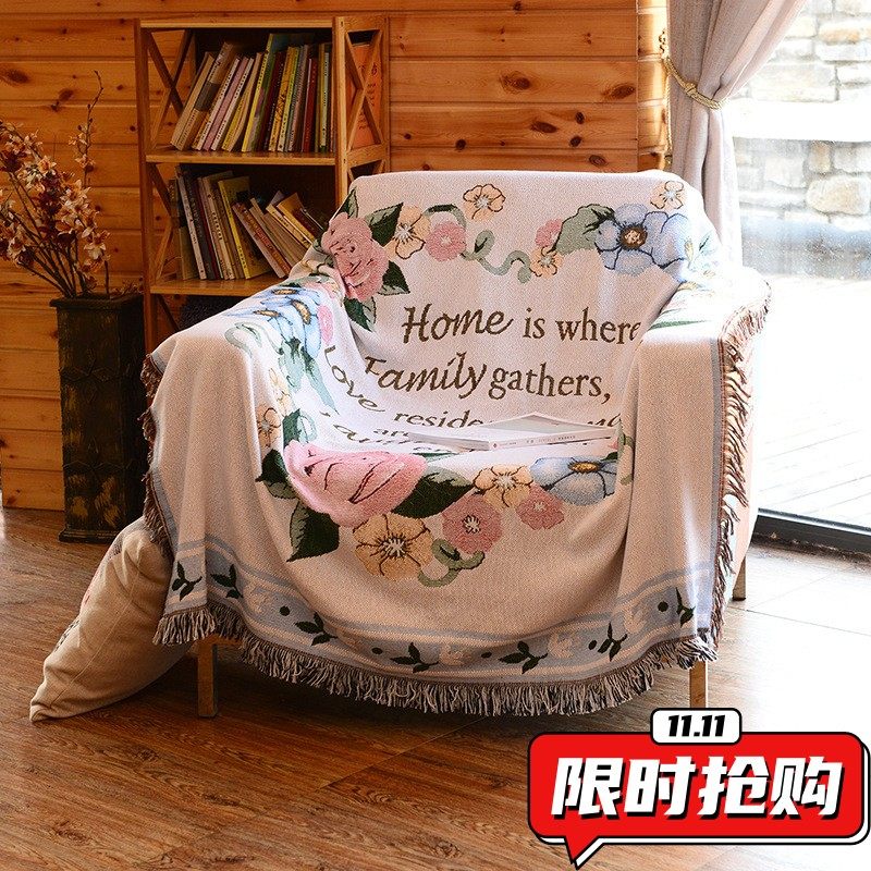 出口单双人沙发巾垫清新花环纯棉线毯桌布盖巾挂毯飘窗垫地毯DA48