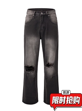美式复古做旧破洞黑灰色牛仔裤男女高街宽松垂感高质量直筒裤ER99