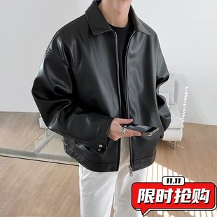 皮衣外套男高级感秋冬款街头复古夹克潮牌韩版痞帅翻领宽松机ER52