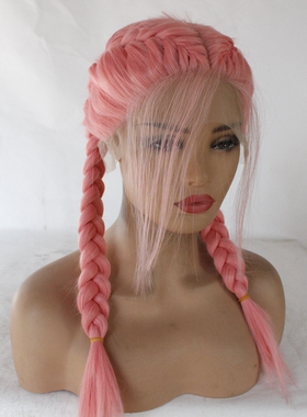 High quality pink hair braids cosplay girls wig ins 蕾丝辫子