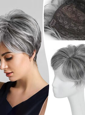 逼真-简单-好用-假发片 银灰色头顶补发片 蓬松高颅顶金色仿真