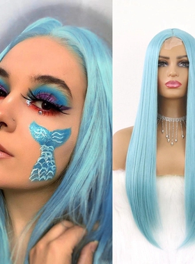 Blue front lace long straight hair Cosplay wig 蓝绿色蕾丝